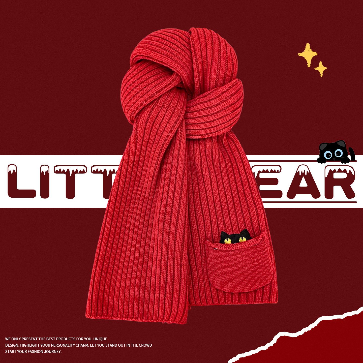 可爱猫咪口袋红色针织围巾女新年氛围感百搭加厚保暖防寒护颈围脖,服饰配件/皮带/帽子/围巾,围巾/丝巾/披肩,淘宝优惠券,粉丝福利购,淘宝优惠卷