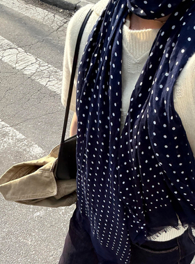 法式复古蓝色波点棉麻围巾女秋冬韩系百搭高级感丝巾保暖围脖披肩