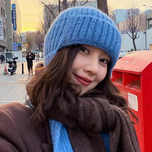 高圆圆同款蓝色针织帽女秋冬季保暖百搭显脸小护耳毛线包头帽子
