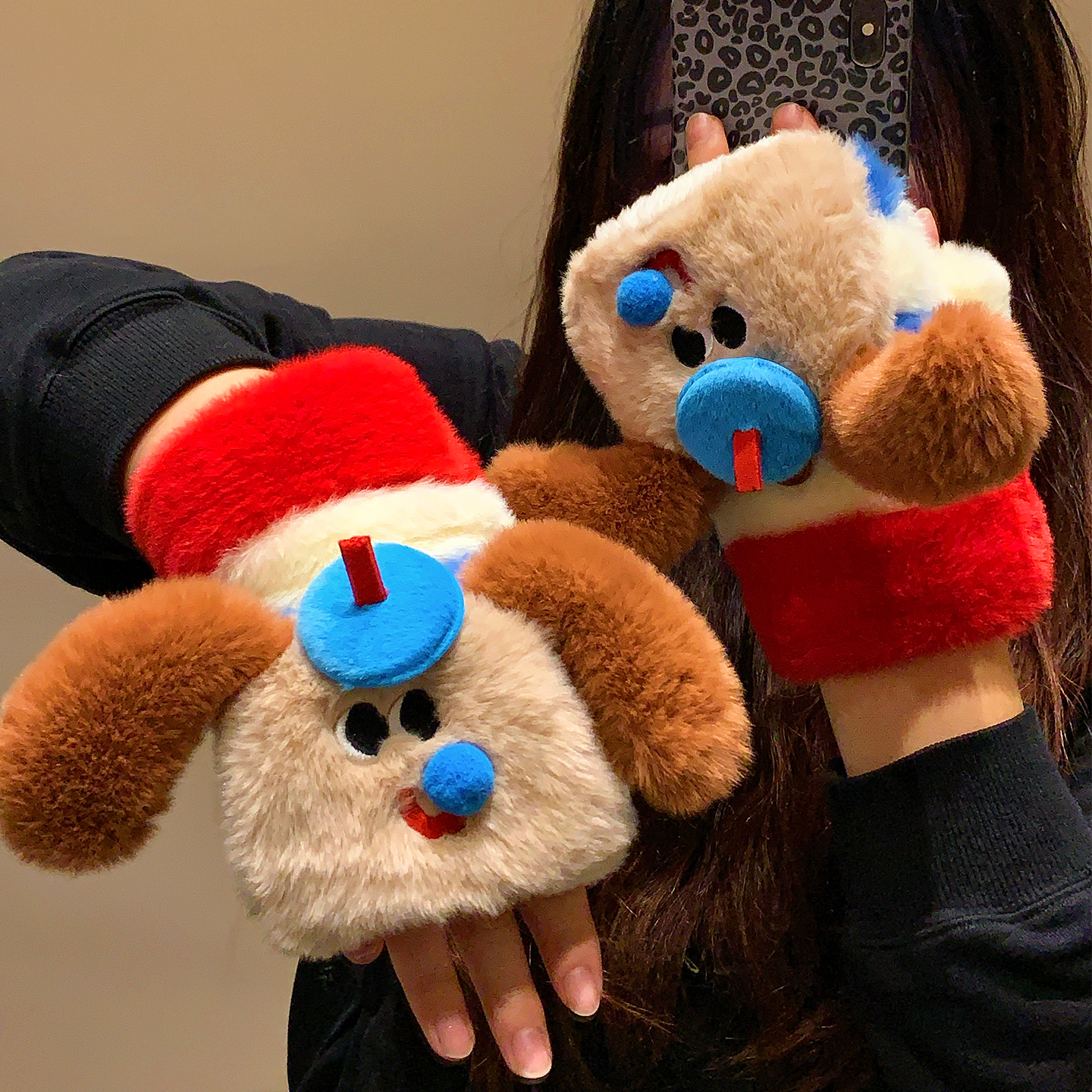 可爱大耳朵小狗毛绒手套女冬季加绒加厚防寒保暖半指翻盖可触屏