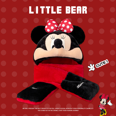 迪士尼正版~米妮毛绒帽子三件套