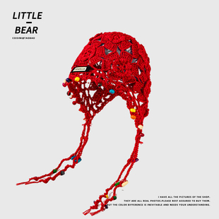 花朵流苏镂空包头帽女夏季波西米亚薄款编织帽复古民族风红色帽子