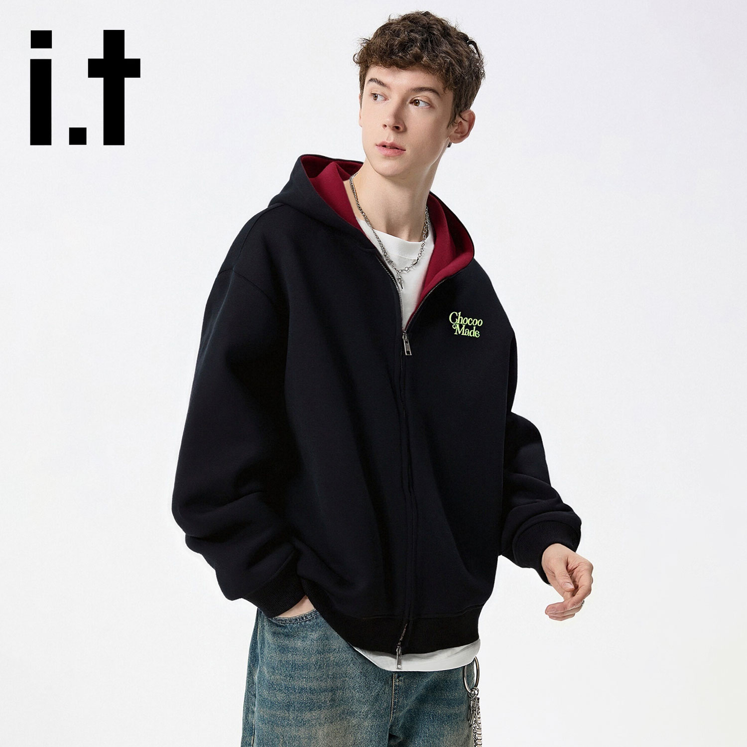 it:CHOCOOLATE开衫连帽撞色卫衣男女宽松休闲外套秋冬情侣上衣潮