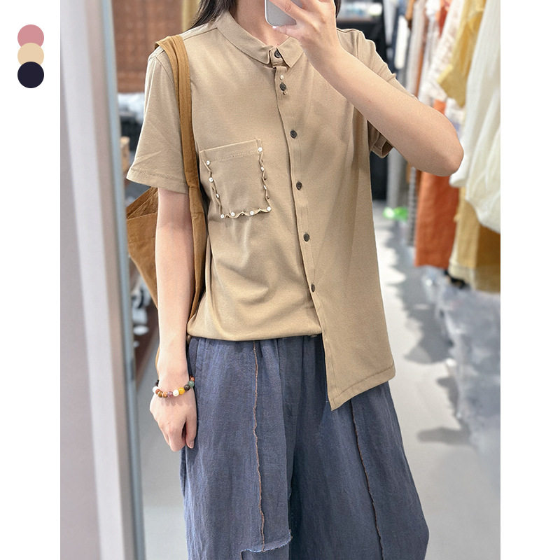 素町小众款手工钉珠短袖衬衫女2026夏季新品高弹舒适纯棉上衣