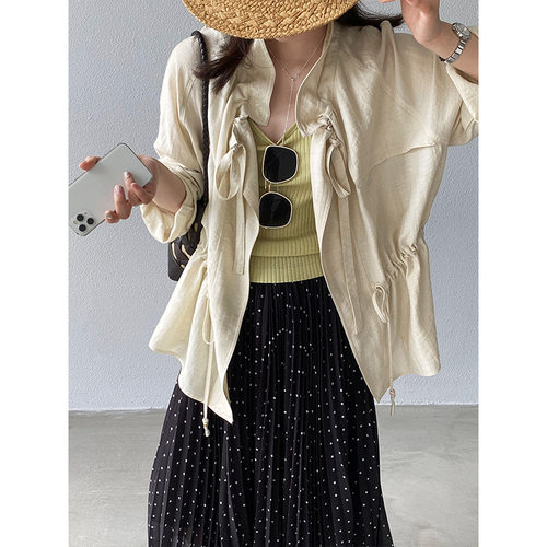 时髦解构 呼吸感杏色亚麻收腰防晒衬衫女法式感上衣1835