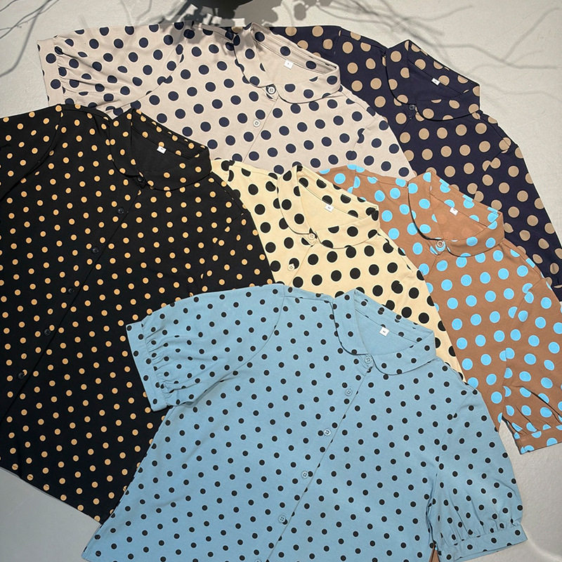 素町夏季圆点印花翻领衬衫女宽松百搭通勤元宝领短袖上衣