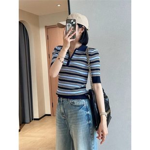 春不晚柜上2600复古撞色条纹轻薄透气冰丝POLO衫 2025 短袖 针织衫