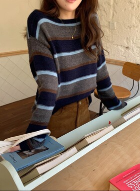3th Morning 治愈假期 韩系慵懒撞色条纹圆领宽松毛衣ZY3572