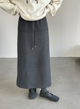 韩系抽绳加厚半身裙女25秋冬新款显瘦a字开叉直筒裙D26602