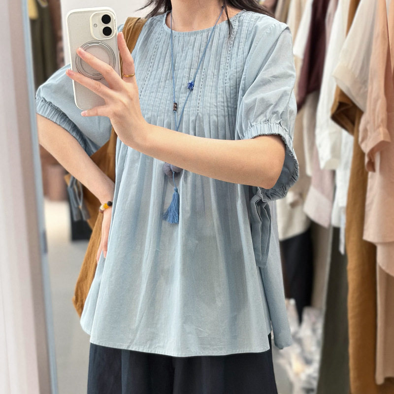 素町重工风琴褶五分袖娃娃衫25年夏季新品小众纯棉减龄上衣