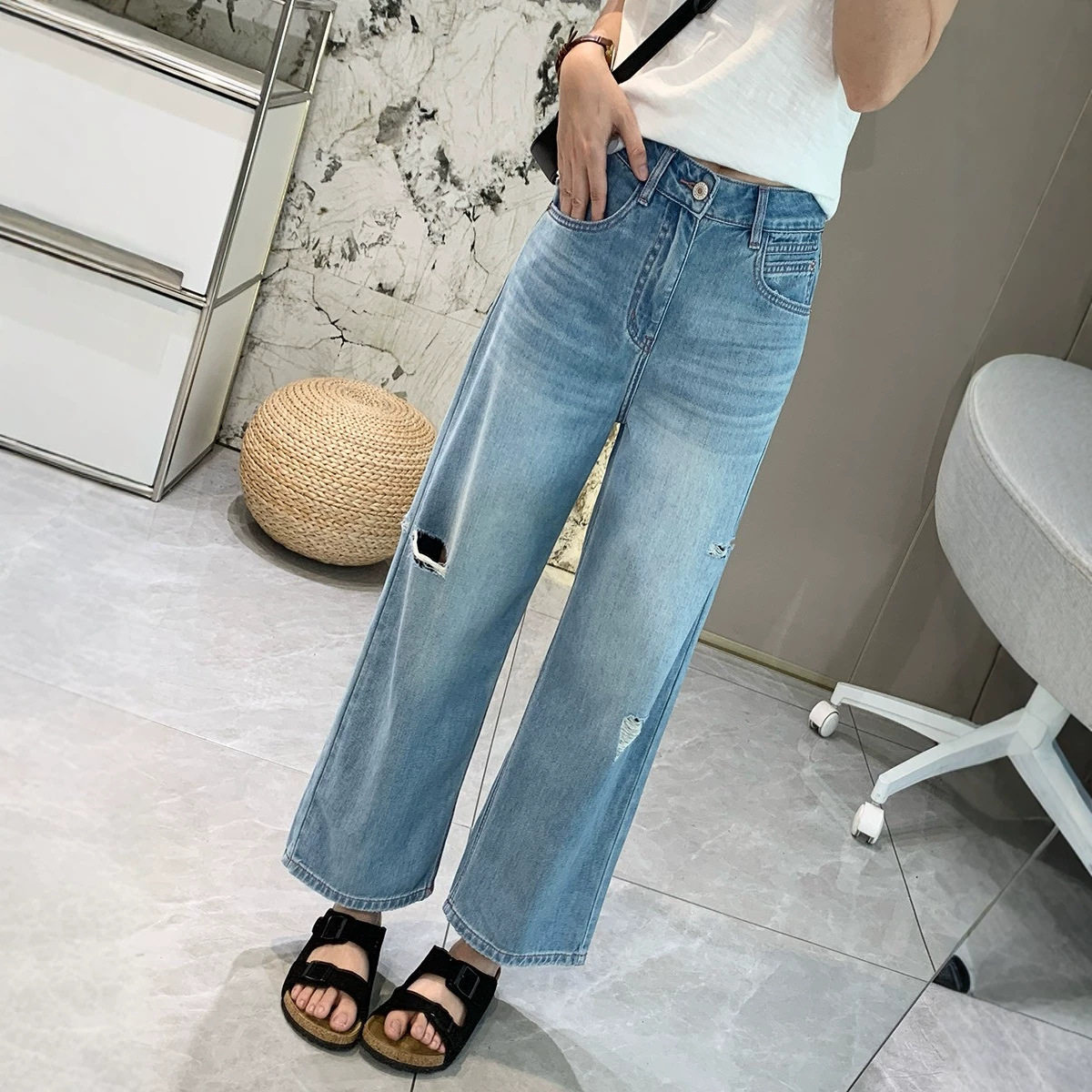 夏日抖抖牛仔!冰感莱赛尔破洞直筒裤女夏季薄显瘦做旧水洗九分裤
