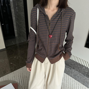 木沐家 韩系简约条纹连帽卫衣女2024秋季 新款 休闲显瘦针织开衫