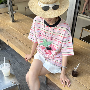 韓系草莓印花條紋短袖 黎諾夏新款 T恤女2025洋氣減齡圓領(lǐng)套頭上衣