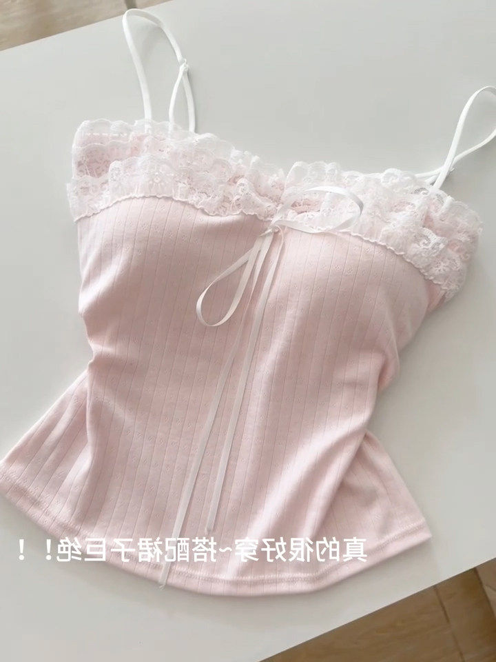 thumbnail for Pink suspender with chest pad lace underneath vest women's 2026 new summer outer wear hot girl slim cropped top