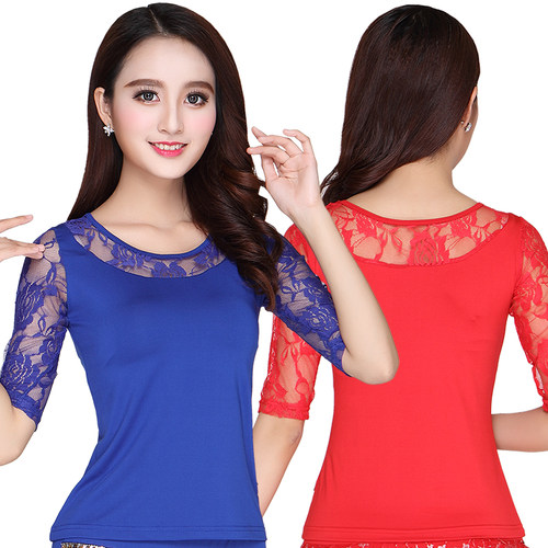 夏季新款广场舞服装中袖上衣蕾丝拉丁舞练功服成人女跳舞蹈服上装