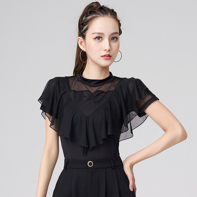 夏季广场舞网纱短袖女演出上衣