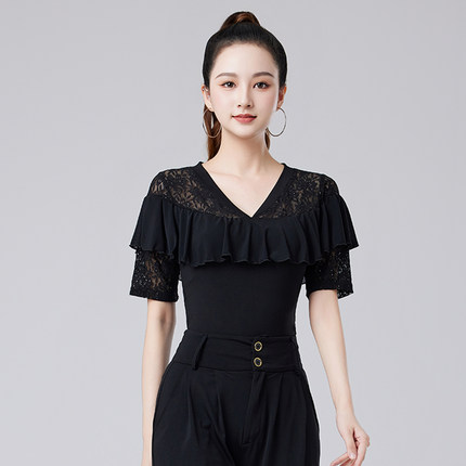 夏季新款拉丁舞短袖上衣V领跳舞衣服女摩登舞交谊舞广场舞练功服