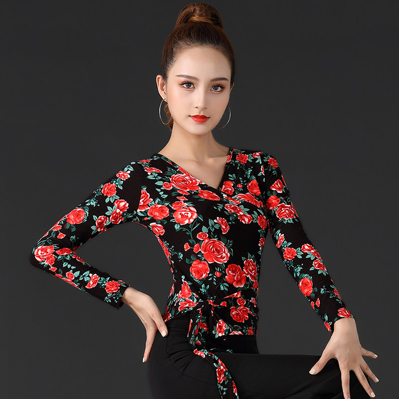 夏季拉丁舞服装长袖上衣女成人舞蹈训练服国标摩登舞交谊舞演出服