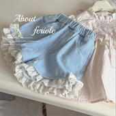 热裤 女童短裤 潮 韩版 洋气花边薄款 女宝宝25夏季 珍珠蝴蝶结牛仔短裤