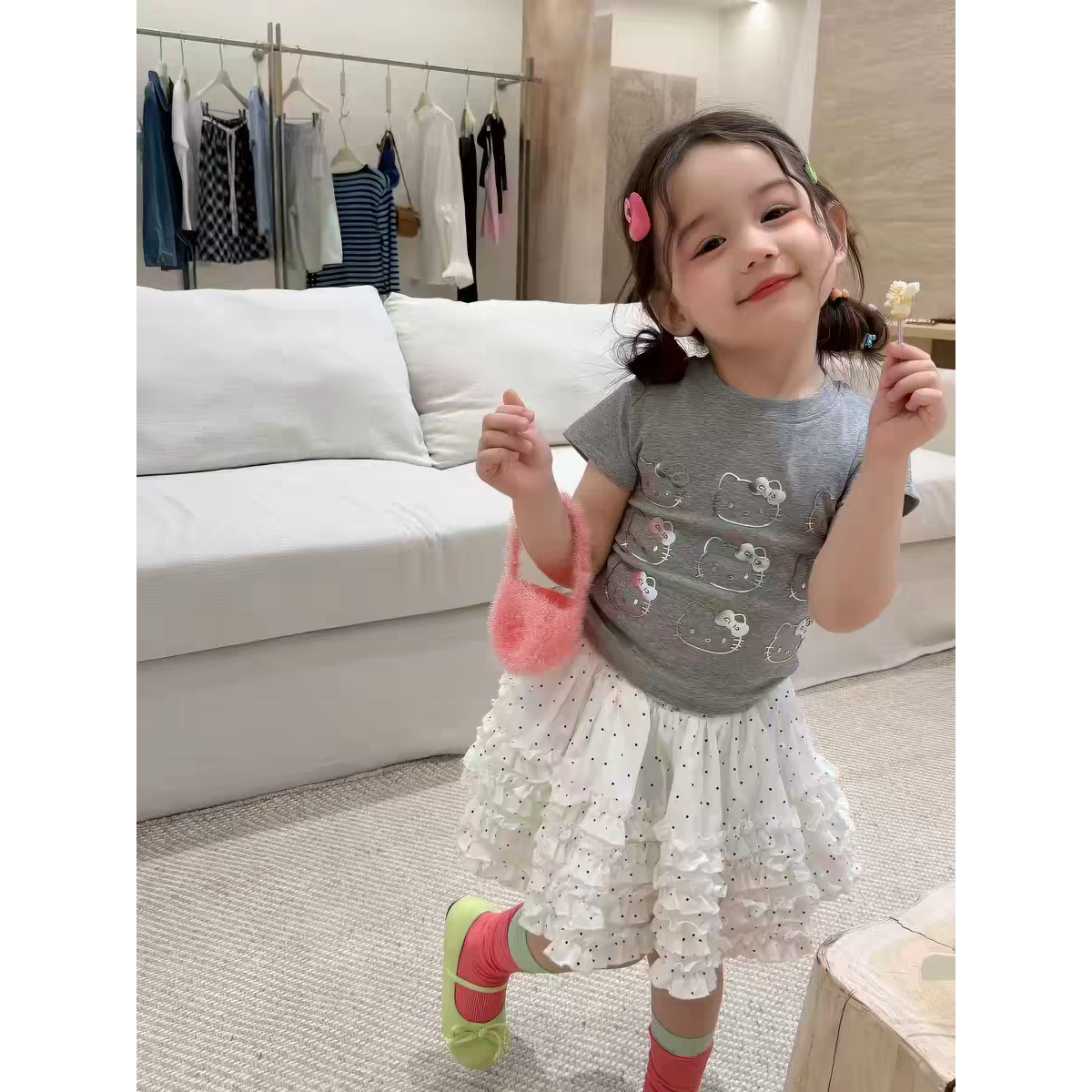 韩国童装女童夏季新款套装女宝宝辣妹风银色KT短袖T恤波点花边裙