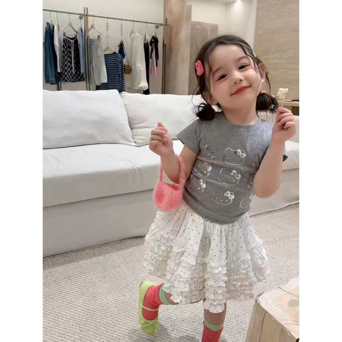韩国童装女童夏季新款套装女宝宝辣妹风银色KT短袖T恤波点花边裙