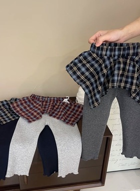 女童冬季加绒打底裤女宝宝韩系新款格子屁帘百搭一体绒加厚长裤潮