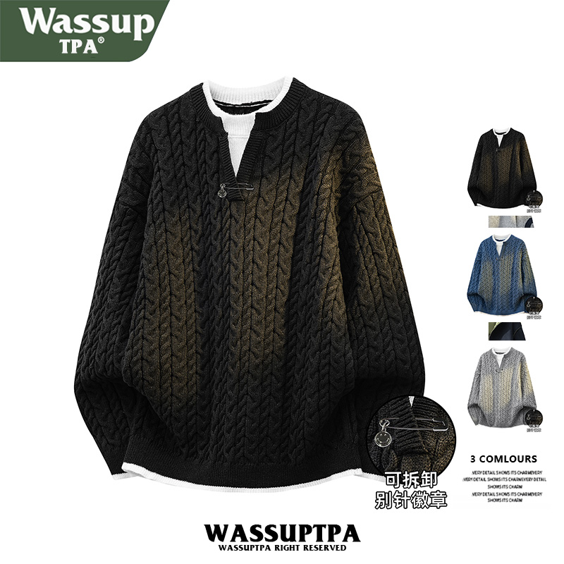 WASSUP TPA日系复古麻花毛衣男士2025秋冬季假两件v领针织衫外套