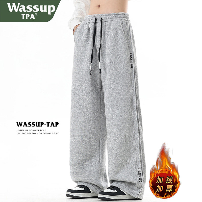 WASSUP TPA弯刀裤子男款秋冬季直筒休闲裤宽松加绒卫裤阔腿运动裤