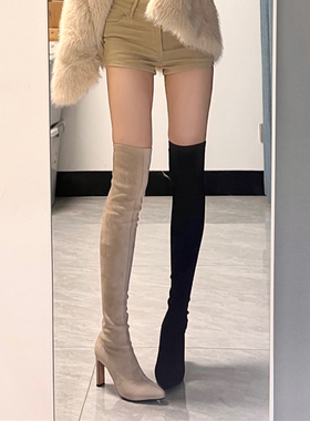 高跟过膝长筒靴女尖头绒面弹力靴2025秋冬新款不掉筒显腿长高筒靴