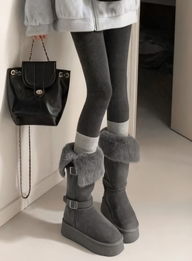 格雷系灰色雪地靴女加绒高筒靴冬季新款爆款厚底保暖羊毛长筒棉靴