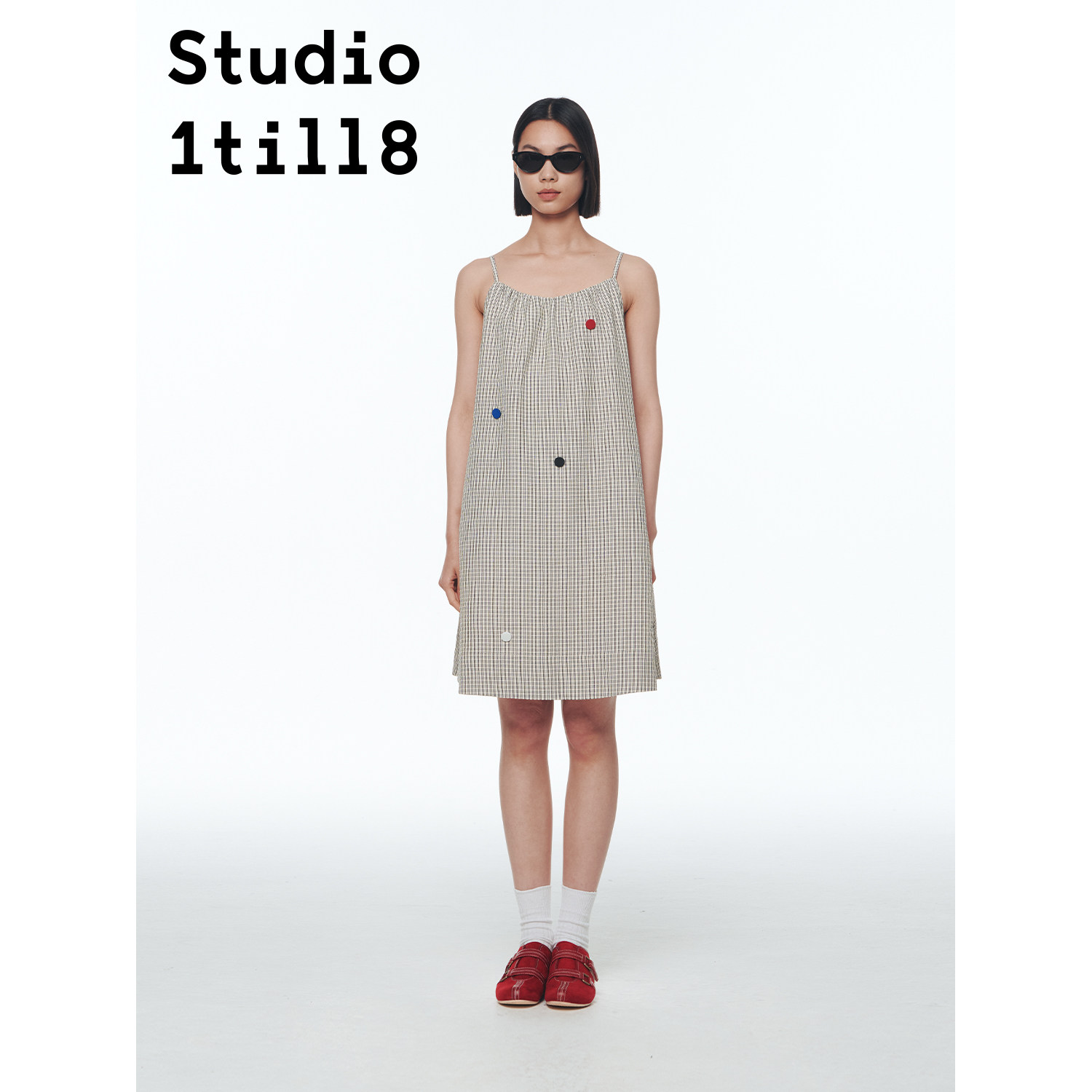 Studio1till8 蓝白格纹/黄黑格纹 侧插袋连衣裙纽扣设计吊带裙