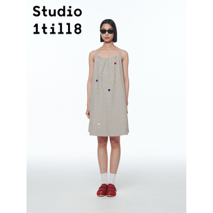 Studio1till8 蓝白格纹/黄黑格纹 侧插袋连衣裙纽扣设计吊带裙