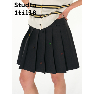 Studio1till8 黑色趣味设计感百褶裙扣子元素羊毛混纺半身裙