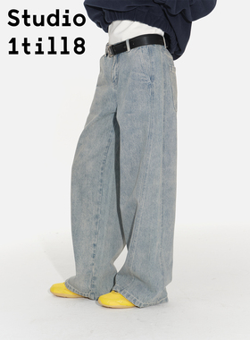 Studio1till8 水洗白自然腰宽松长裤直筒阔腿裤子复古休闲牛仔裤