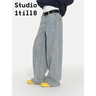 Studio1till8 水洗白自然腰宽松长裤直筒阔腿裤子复古休闲牛仔裤