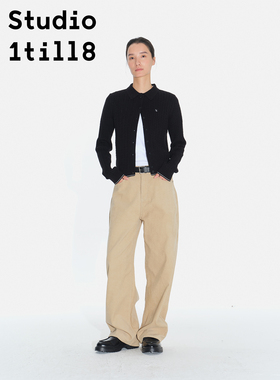 Studio1till8 黑色麻花纹刺绣logo简约翻领上衣羊毛混纺针织开衫