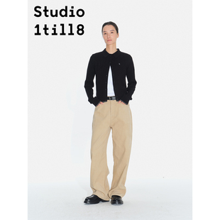 Studio1till8 黑色麻花纹刺绣logo简约翻领上衣羊毛混纺针织开衫