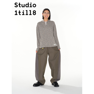 灰色 女宽松小众设计上衣 Studio1till8 灰杂色贝果扣半开襟连帽衫