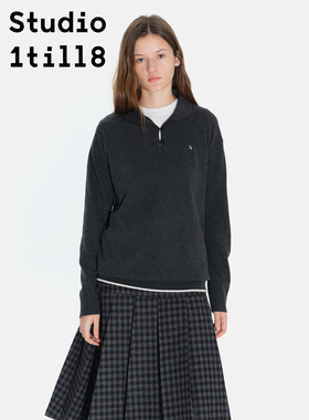 Studio1till8 软糯亲肤娃娃领毛衣女灰色条纹下摆设计感针织上衣