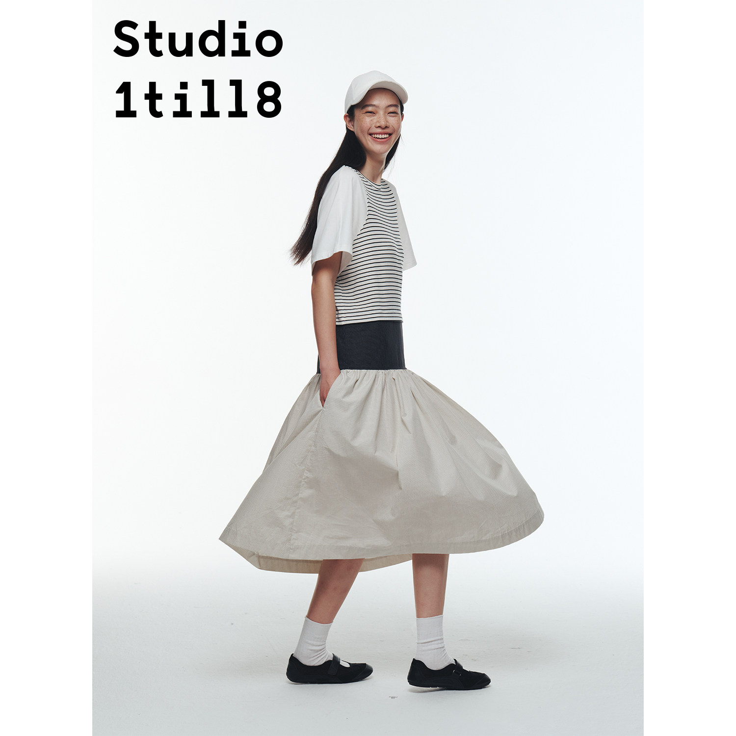 Studio1till8 莱赛尔混纺学院风中长裙拼接假两件抽褶连衣裙