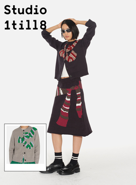 Studio1till8 条纹蝴蝶结针织开衫 藏青色/灰色 针织半裙 藏青色