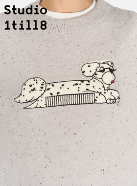 Studio1till8 梳梳小狗手工钉珠毛针织衫彩点纱圆领宽松毛衣女冬