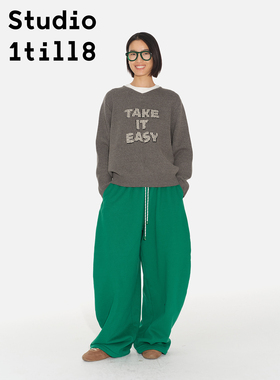 Studio1till8 Take It Easy提花字母V领宽松休闲黑灰色毛衣女冬