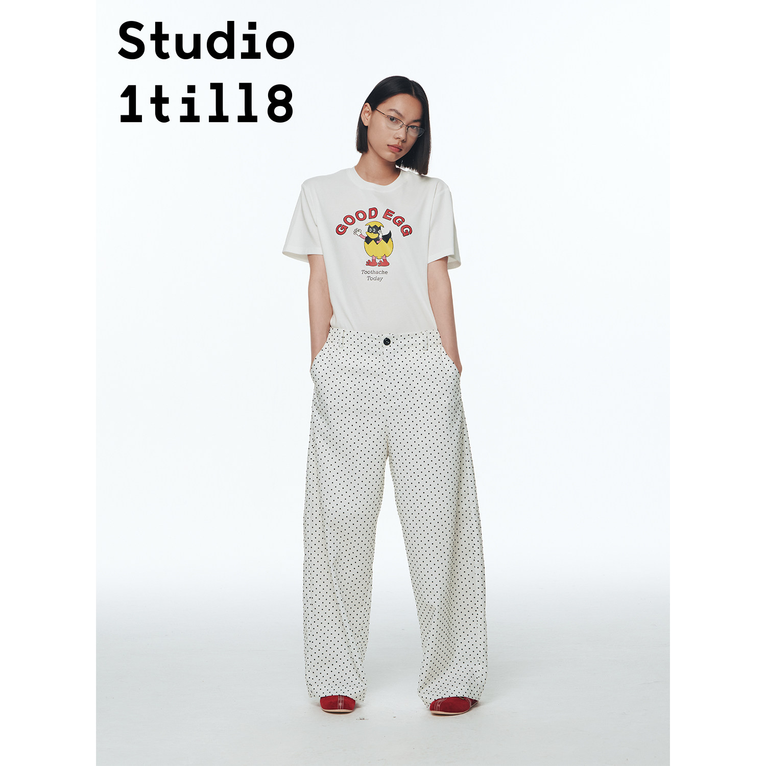 Studio1till8 花灰/米白/黑 “GOOD EGG”主题印花短袖宽松t恤