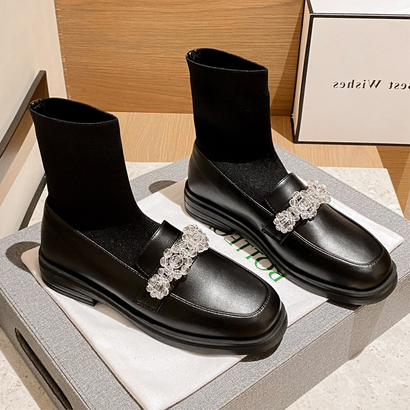 大码袜子靴女短筒瘦瘦靴春加绒珍珠花平底乐福鞋女马丁靴弹力袜靴,女鞋,弹力靴/袜靴,淘宝优惠券,粉丝福利购,淘宝优惠卷