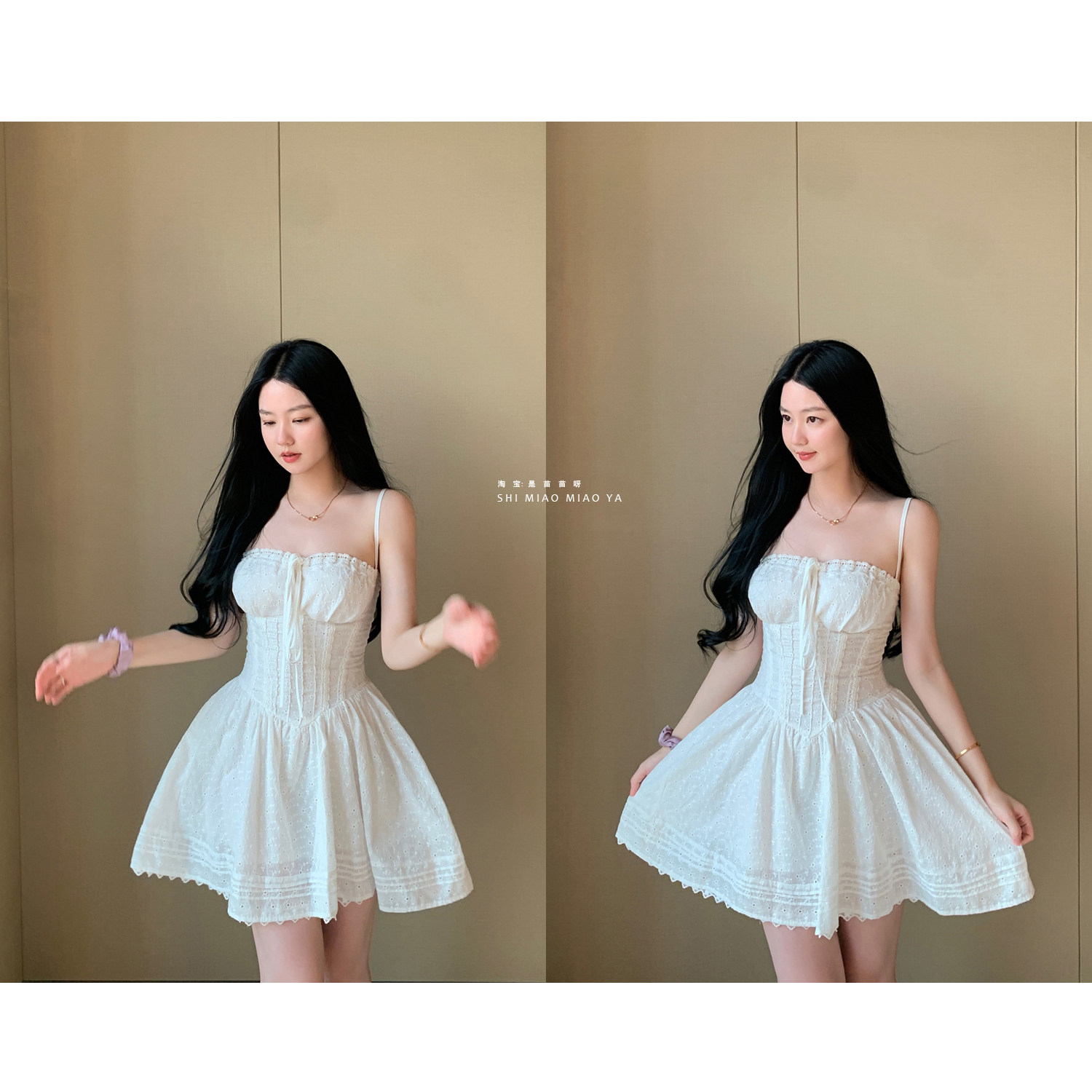 绝美小白花连衣裙 重工小白裙 收腰系带连衣裙白色吊带裙蓬蓬裙