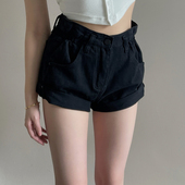 复古版 型 黑色卷边牛仔短裤 经典 高腰热裤 纯色显瘦显腿长少女春夏