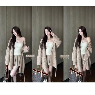 厚实秋冬女 外套开衫 温柔慵懒钩花羊毛粗棒麻花毛衣 绑带宽松长款