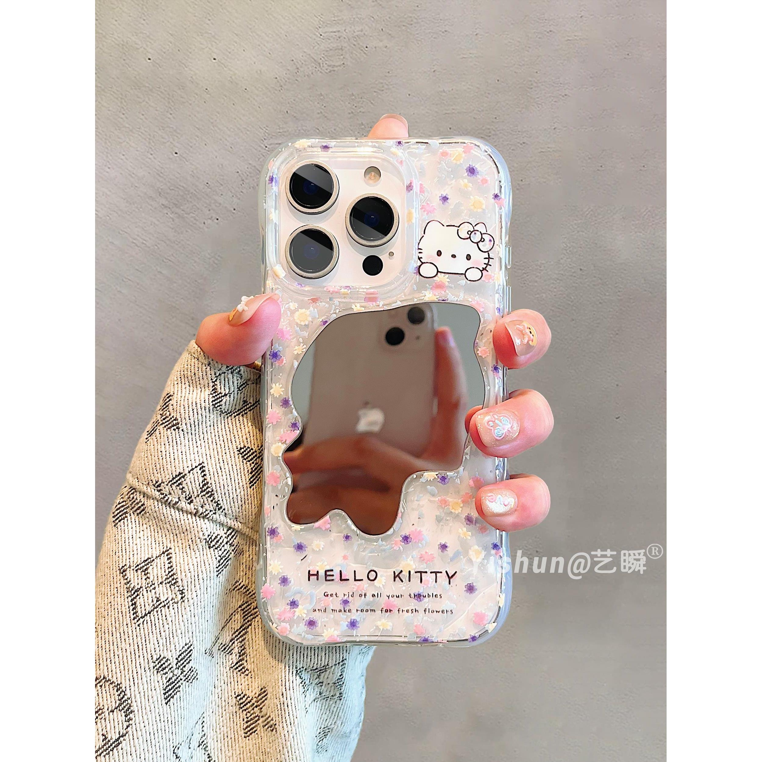 ins风韩系碎花kt猫不规则镜面适用苹果iPhone17promax手机壳16pro镜面14p双层女款13新款温柔15pro防摔保护套