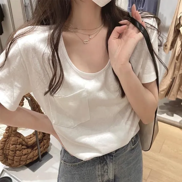 2025新款竹节棉韩版正肩短袖T恤女夏季设计感口袋打底宽松上衣